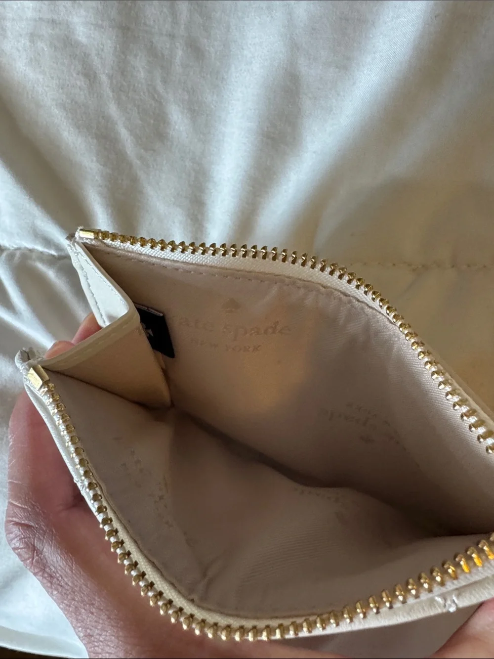 kate spade Cream Quilted Card Holder Keychain with Gold Hardware